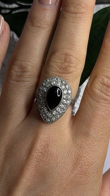 Vintage 925 Sterling Silver Black Onyx & Clear Topaz Stones Ring Size 7.5