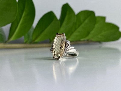 925 Sterling Silver Golden Tourmaline & Quartz Ring Size 6.5
