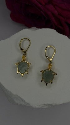 925 Sterling Silver Gold Plated Dynasty Jade Turtle Lever back Earrings