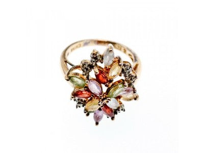 925 Sterling Silver Gold Plated Multi Gemstones "Flower" Ring Size 8