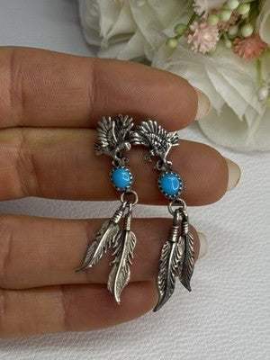 Navajo Flying Eagle 925 Sterling Silver Turquoise Earrings Length 1.60 Inch
