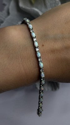 Tennis 925 Sterling Silver Fire Opal & Beryl Link Bracelet Size 7.5