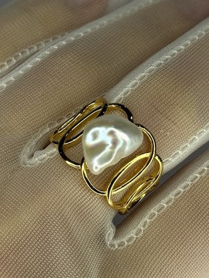 925 Sterling Silver Gold Plated Pearl  Ring Size Adjustable