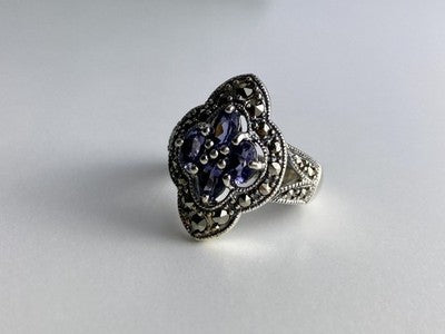 Vintage 925 Sterling Silver Amethyst & Marcasites Ring Size 5.5