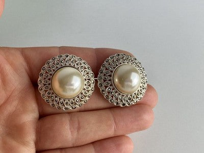 Vintage 925 Sterling Silver Pearl & Marcasites Clip-On Earrings