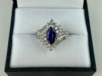 925 Sterling Silver Sapphire & CZ Ring Size 6.5