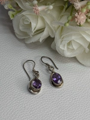 925 Sterling Silver Amethyst Earrings Length 1.20 Inch