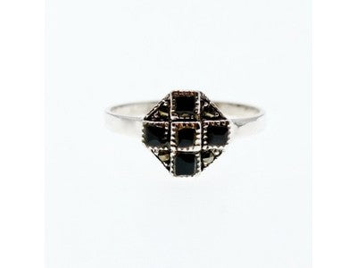 Vintage 925 Sterling Silver Black Onyx & Marcasites Ring Size 7