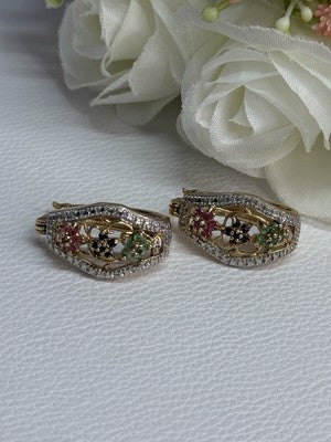 925 Sterling Silver Gold Plated Ruby Sapphire Emerald Earrings Length 0.95 Inch