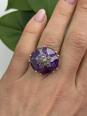 925 Sterling Silver Amethyst & Marcasite Flower Ring Size 7.5