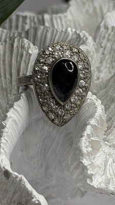 Vintage 925 Sterling Silver Black Onyx & Clear Topaz Stones Ring Size 7.5