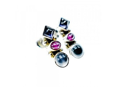 925 Sterling Silver Moonstone, Sapphire & Ruby Stud Earrings