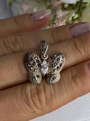 925 Sterling Silver Butterfly Beryl & Marcasite Pendant Length 0.90 Inch