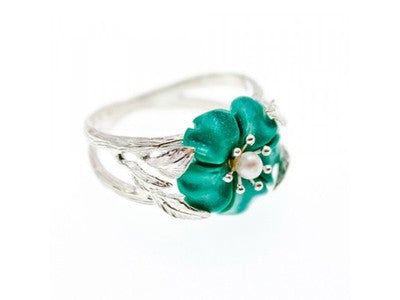 925 Sterling Silver Pearl & Enamel "Flower" Ring Size 10