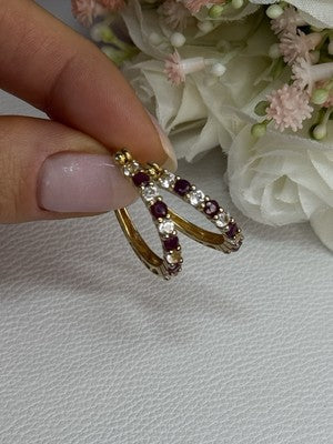 925 Sterling Silver Gold Plated Ruby & Beryl Earrings Length 1.10 Inch