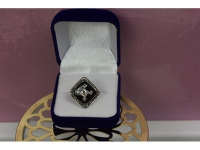 925 Sterling Silver Black Jade, Colorless Sapphire & Marcasite Ring Size 5.5