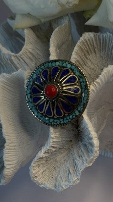 Large Southwestern 925 Sterling Silver Turquoise Coral Lapis Ring Size 7.5