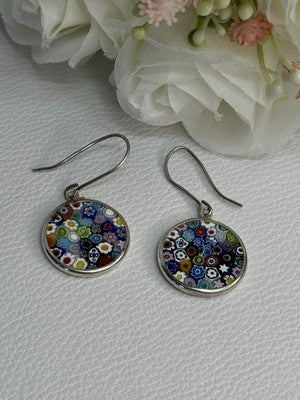 Murano Venice Millefiori 925 Sterling Silver Earrings Length 1.60 Inch