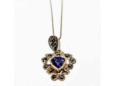 925 Sterling Silver Amethyst & Marcasites "Heart" Chain With Pendant Italy