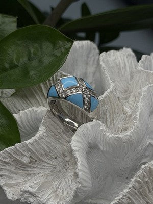 925 Sterling Silver Blue Turquoise & White Colorless Beryl Ring Size 9