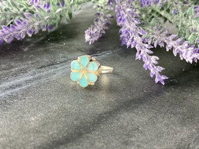 925 Sterling Silver Nephrite (Jade) Inserts "Flower" Ring Size 7.5