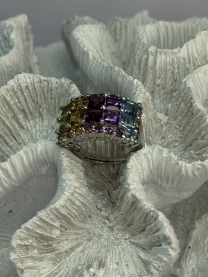 925 Sterling Silver Multicolor Stones Ring Size 7