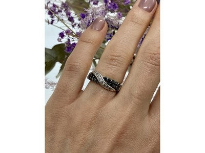 925 Sterling Silver Black & White Tourmaline "Yin Yang" Ring Size 6.5