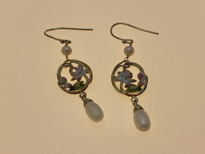 925 Sterling Silver Pearls & Enamel Earrings