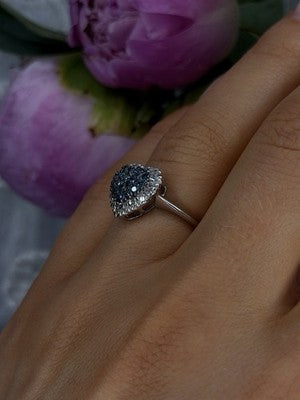 14K White Gold Heart Blue & White Diamonds Ring Size 6
