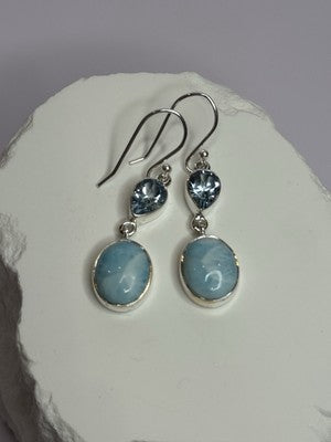 925 Sterling Silver Larimar & Topaz Earrings Length 1.7 Inch