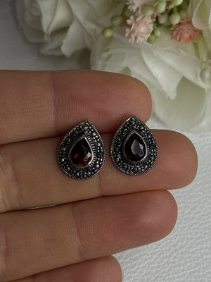 925 Sterling Silver Garnet & Marcasite Earrings Length 0.60 Inch