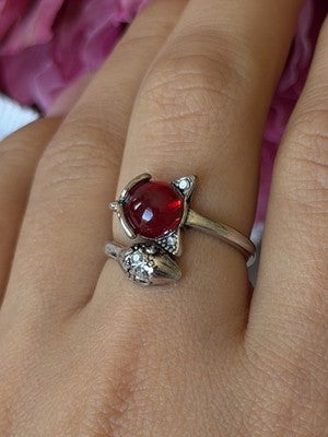 925 Sterling Silver Fox & Snake Red Glass Cabochon Ring Size 9 Sizable