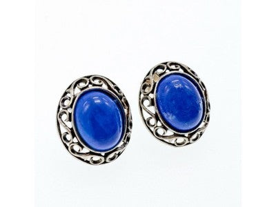 Vintage 925 Sterling Silver Blue Agate Stud Earrings