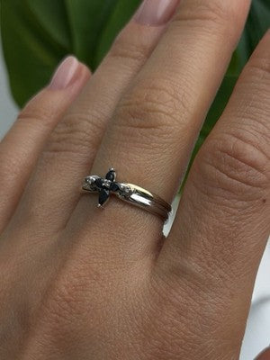 925 Sterling Silver Sapphire & Diamond Cross Ring Size 8.5
