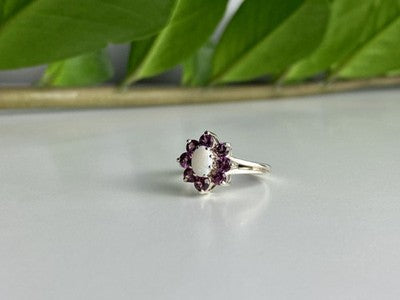 925 Sterling Silver Opal & Pink Spinel "Flower" Ring Size 7
