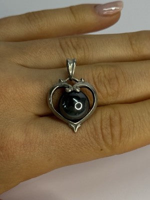 925 Sterling Silver Hematite Heart Pendant Length 1.1 Inch