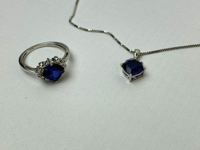 925 Sterling Silver London Blue Topaz Ring & Chain With Pendant Set