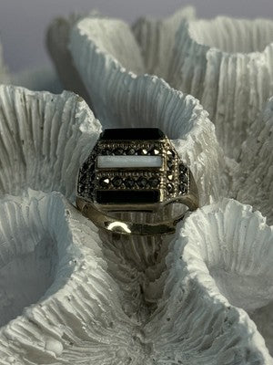 925 Sterling Silver Jade Abalone Marcasite Ring Size 6