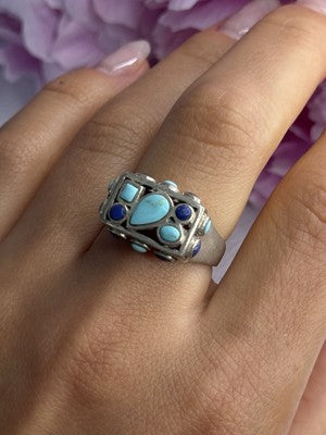 925 Sterling Silver Turquoise & Sodalite Ring Size 7.5