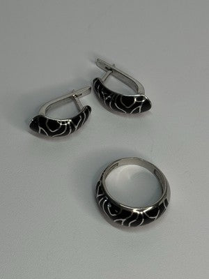 925 Sterling Silver Enamel Ring & Earrings Set Size 9