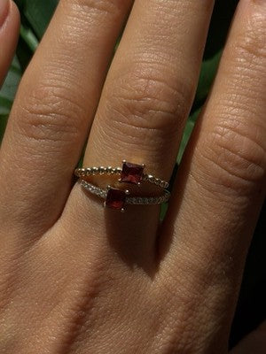 Modern Adjustable 14K Yellow Gold Garnet & Diamond Ring