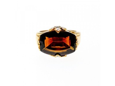 925 Sterling Silver Gold Plated Hessonite & Diamonds Ring Size 5.5