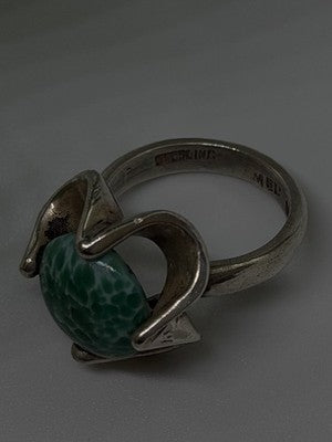 Vintage 925 Sterling Silver Green Peking Glass Stone Ring Size 6