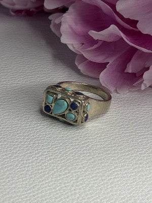 925 Sterling Silver Turquoise & Sodalite Ring Size 7.5