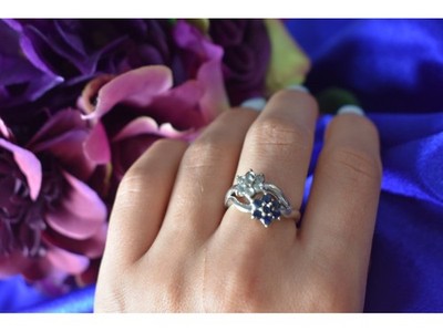 925 Sterling Silver Blue Spinel "Flowers" Ring Size 8