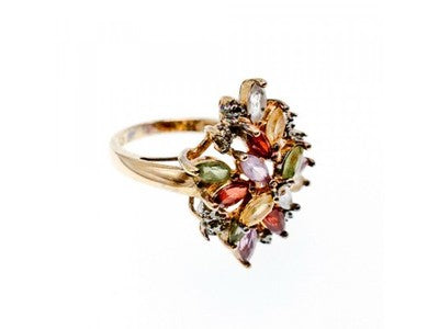 925 Sterling Silver Gold Plated Multi Gemstones "Flower" Ring Size 8