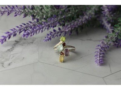 925 Sterling Silver Multi Gemstones Ring Size 8