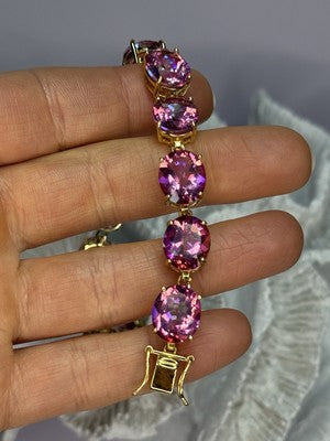 925 Sterling Silver Gold Plated Pink Mystic Topaz Bracelet Length 8.5 Inch