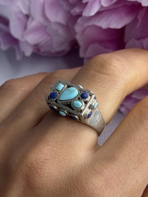 925 Sterling Silver Turquoise & Sodalite Ring Size 7.5