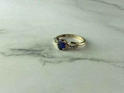 10K Yellow Gold Blue & White Sapphire Ring Size 6.75
